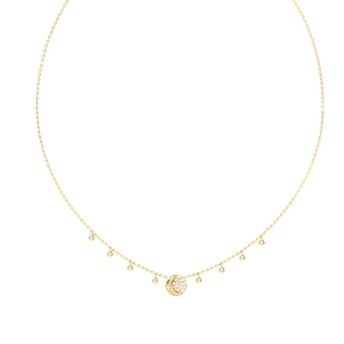 Λεπτομέρεια από το γυναικείο κολιέ Guess Aurora JUBN06238JWYGT/U σε χρυσό χρώμα με κρεμαστά charms, πέτρες και λογότυπο.