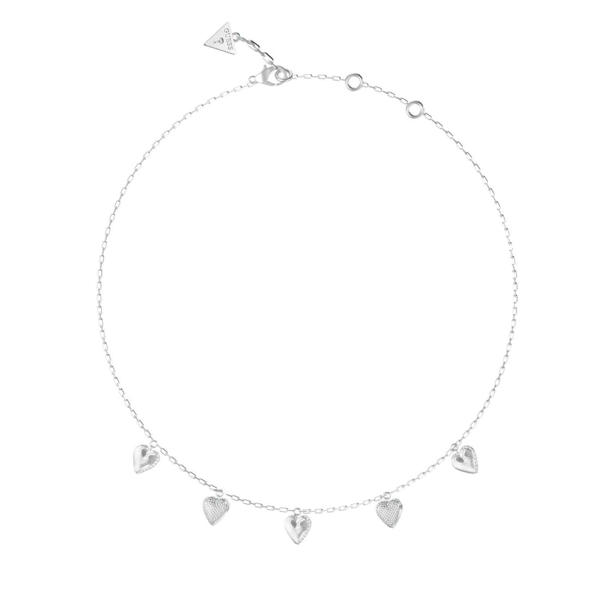 Γυναικείο κολιέ Guess By Your Side JUBN06081JWRHT/U από ανοξείδωτο ατσάλι σε ασημί χρώμα με κρεμαστές καρδιές, ζιργκόν και λογότυπο Guess.