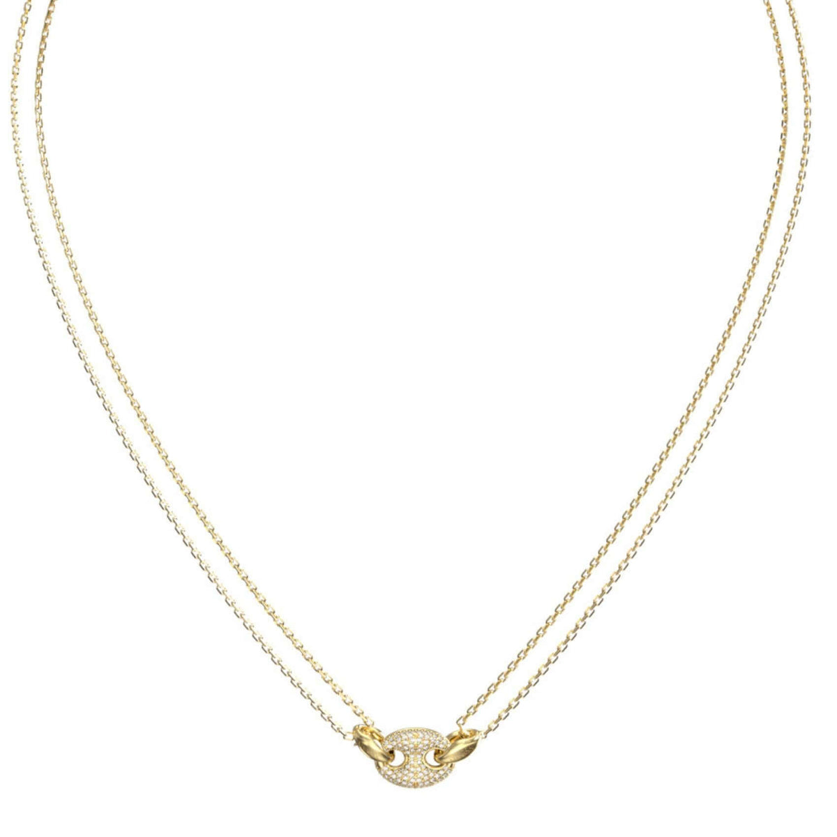 Λεπτομέρεια από το γυναικείο κολιέ Guess JUBN06220JWYGT/U από ανοξείδωτο ατσάλι σε χρυσό χρώμα με διπλή αλυσίδα και ζιργκόν.