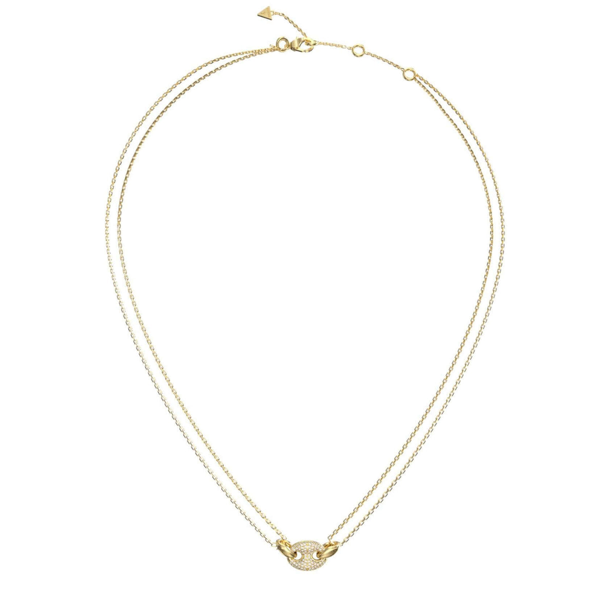 Γυναικείο κολιέ Guess JUBN06220JWYGT/U από ανοξείδωτο ατσάλι σε χρυσό χρώμα με διπλή αλυσίδα και ζιργκόν.