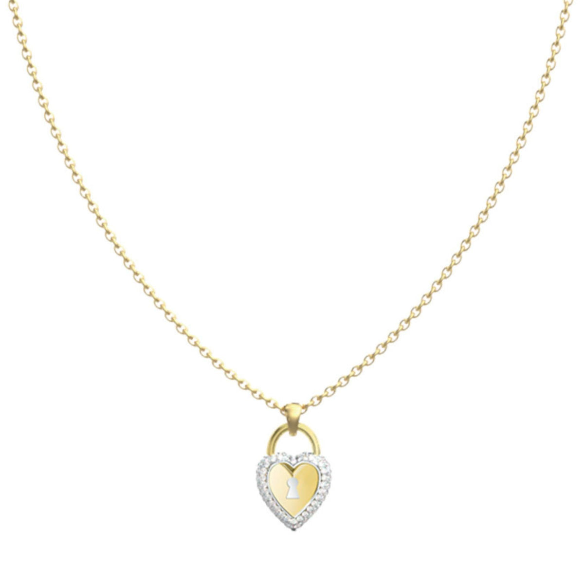 Λεπτομέρεια από το γυναικείο κολιέ Guess Love Bites JUBN06060JWYGRHT/U σε χρυσό χρώμα με δίχρωμη καρδιά, πέτρες και λογότυπο.