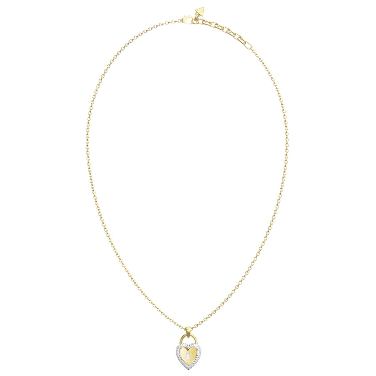 Γυναικείο κολιέ Guess Love Bites JUBN06060JWYGRHT/U σε χρυσό χρώμα με δίχρωμη καρδιά, πέτρες και λογότυπο.