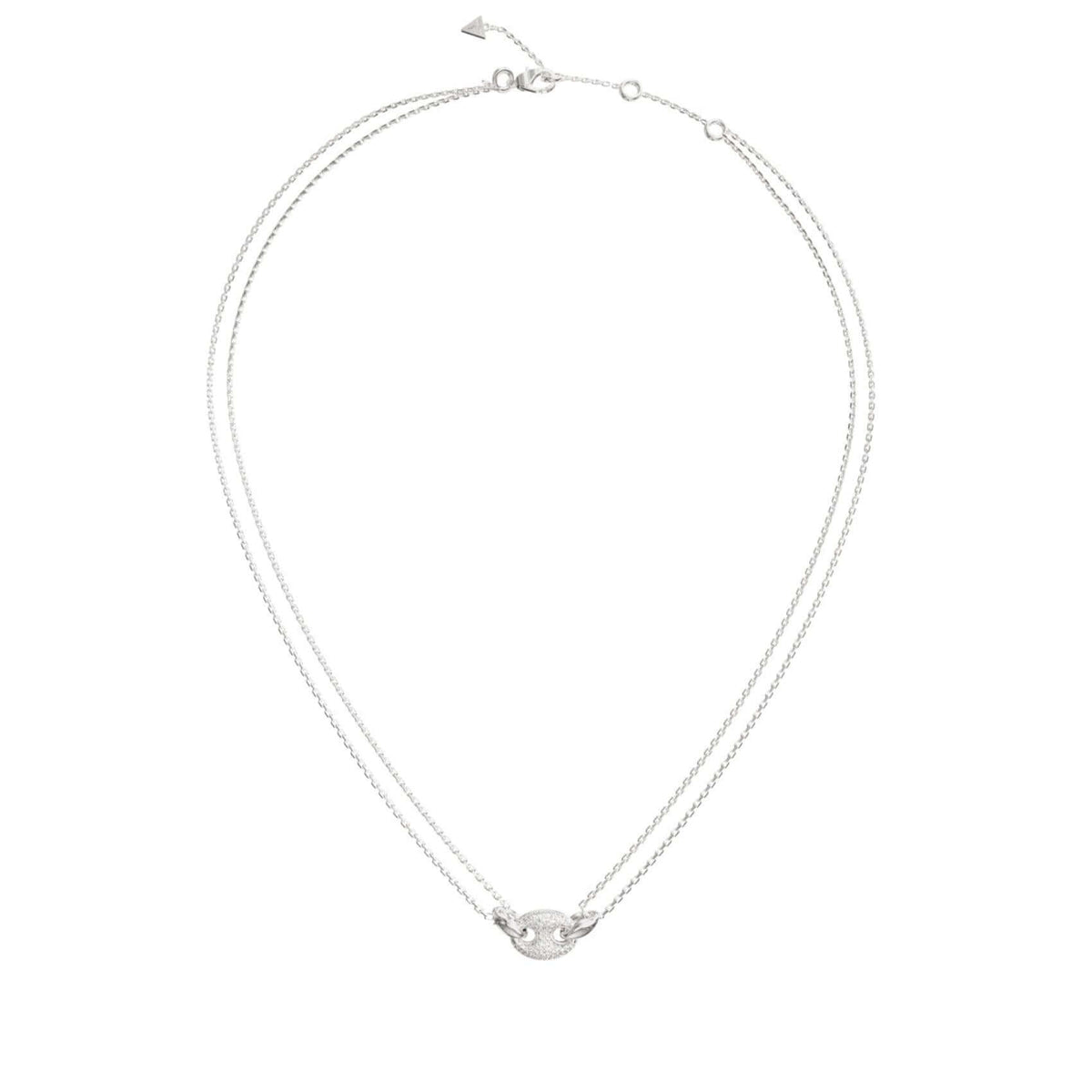 Γυναικείο κολιέ Guess Marina JUBN06220JWRHT/U από ανοξείδωτο ατσάλι σε ασημί χρώμα με διπλή αλυσίδα και ζιργκόν.