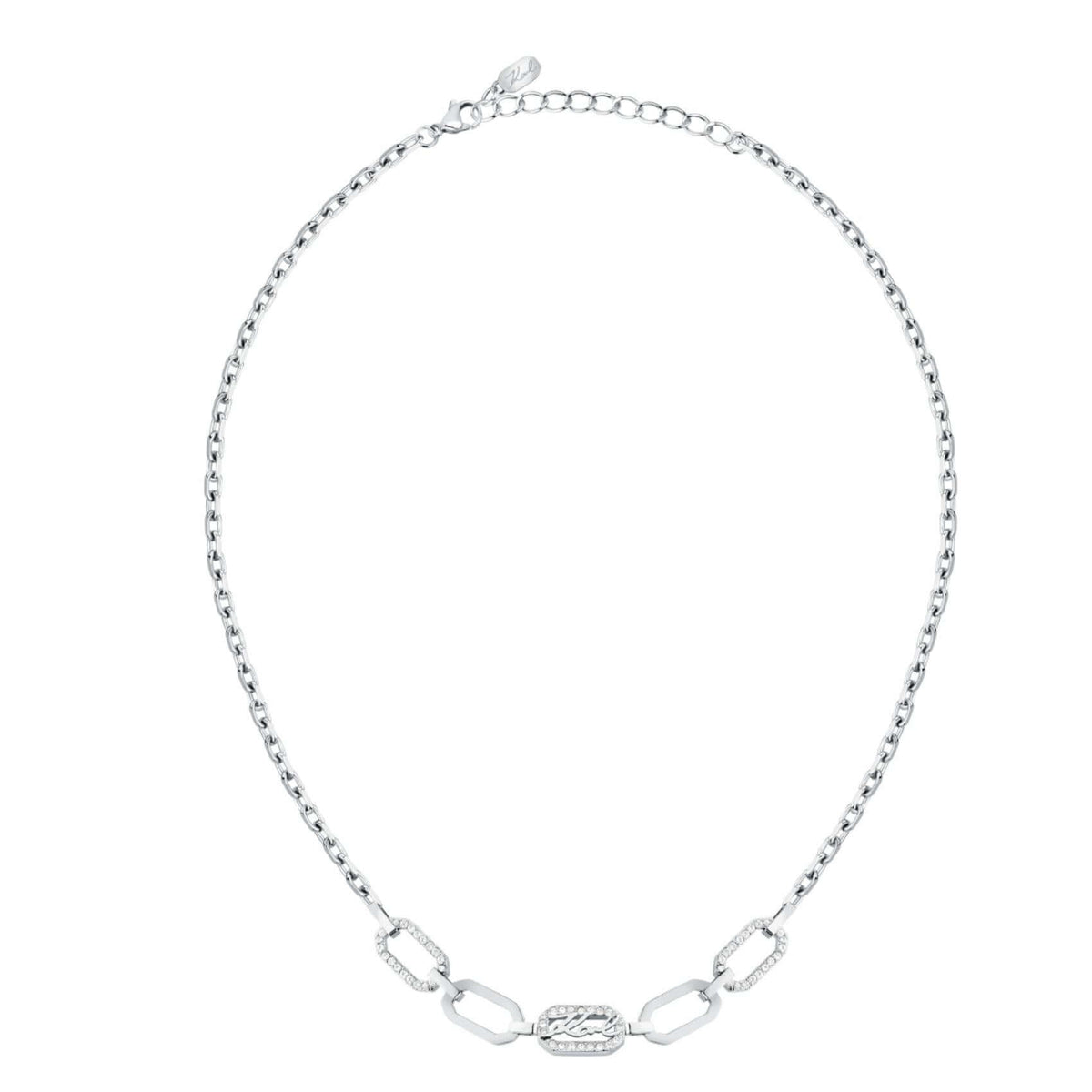 Γυναικείο κολιέ Karl Lagerfeld Crystals KLAYC14 ολόκληρο από ανοξείδωτο ατσάλι σε ασημί χρώμα με λευκές πέτρες και λογότυπο.