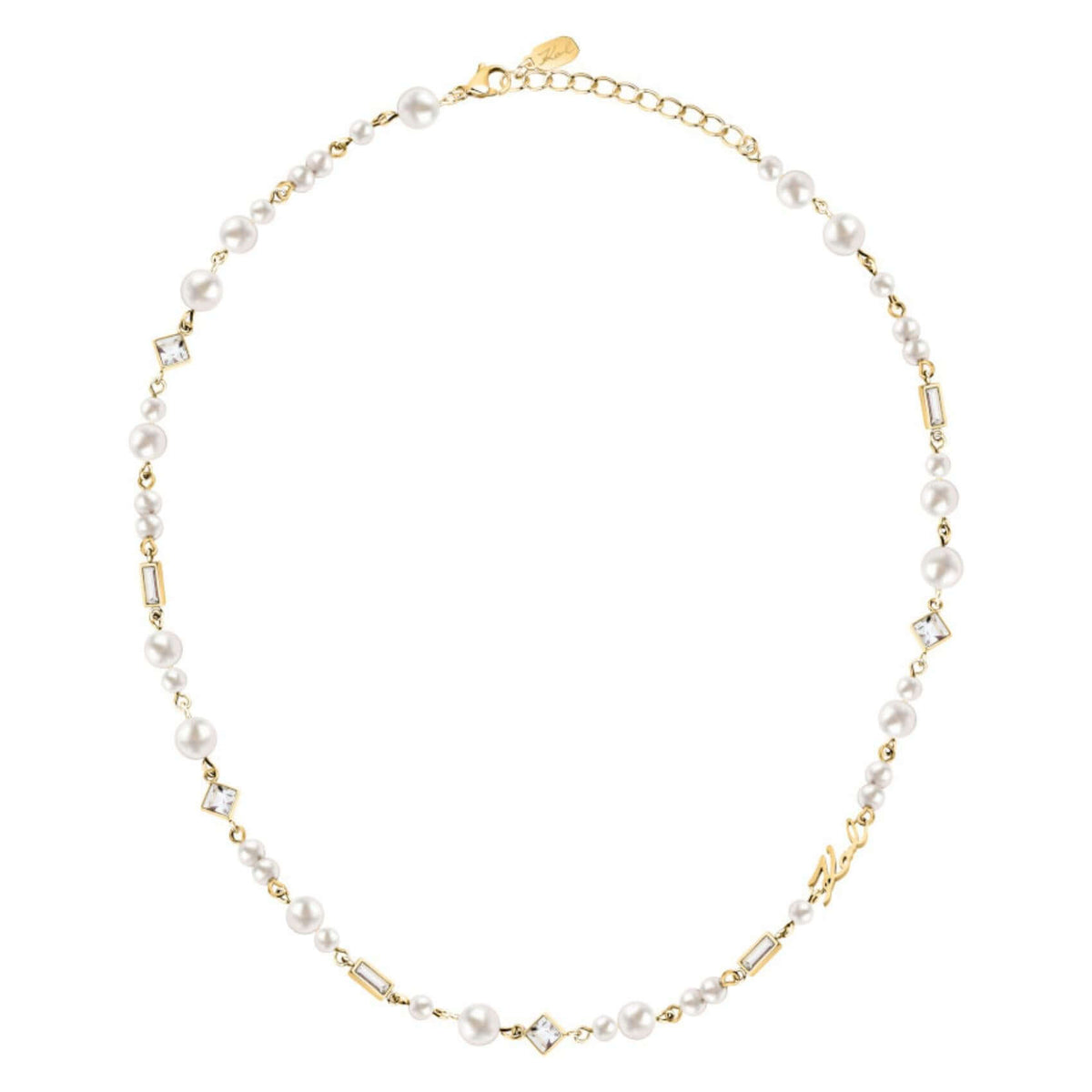 Γυναικείο κολιέ Karl Lagerfeld Pearl KLAYR17 ολόκληρο από ανοξείδωτο ατσάλι σε χρυσό χρώμα με πέρλες, zircon και λογότυπο.