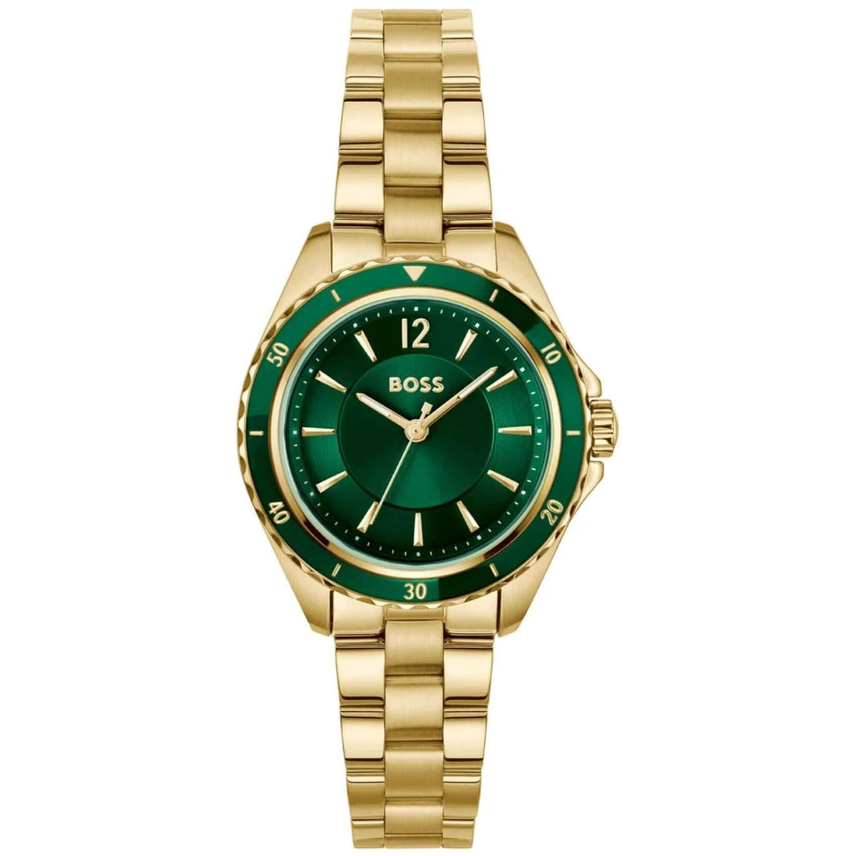 Γυναικείο ρολόι Boss Sage Aqua 1502849 με χρυσό μπρασελέ από ανοξείδωτο ατσάλι, πράσινο καντράν 30mm και χρυσές λεπτομέρειες.