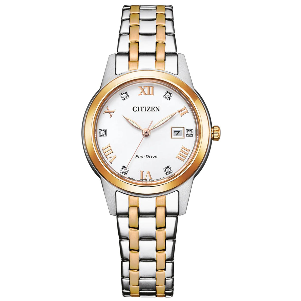 Γυναικείο ρολόι Citizen FE1246-85A με ασημί-ροζ χρυσό μπρασελέ και λευκό φίλντισι καντράν με ζιργκόν