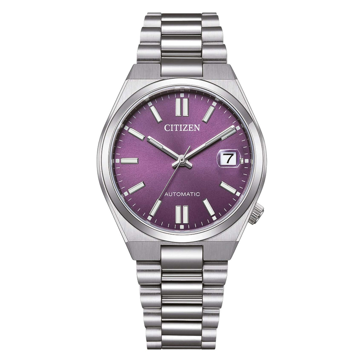 Γυναικείο αυτόματο ρολόι Citizen Tsuyosa NJ0200-50W με ασημί μπρασελέ και μωβ καντράν 37mm με ένδειξη ημερομηνίας.