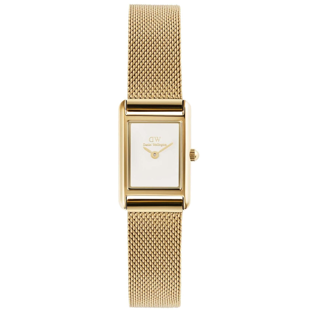 Γυναικείο ρολόι Daniel Wellington Bound Mini Mesh DW00100928 με χρυσό ατσάλινο μπρασελέ και λευκό τετράγωνο καντράν μεγέθους 17x26mm.