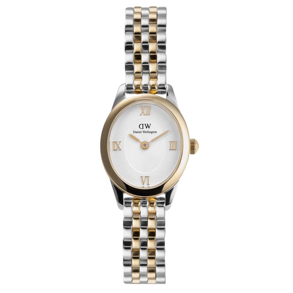 Γυναικείο ρολόι Daniel Wellington Ophelia Mini DW00100811 με δίχρωμο μπρασελέ από ανοξείδωτο ατσάλι σε ασημί και χρυσό χρώμα και λευκό οβάλ καντράν μεγέθους 22.4x25.5mm.