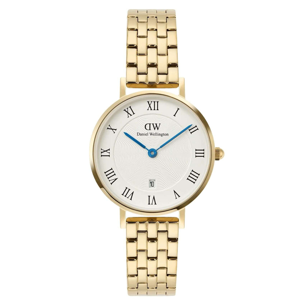Γυναικείο ρολόι Daniel Wellington Petite Roman Numerals DW00100857 με χρυσό μπρασελέ από ανοξείδωτο ατσάλι και λευκό καντράν διαμέτρου 28mm με μπλε δείκτες.