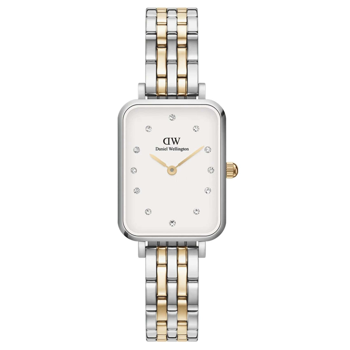 Γυναικείο ρολόι Daniel Wellington Quadro Lumine DW00100625 με δίχρωμο μπρασελέ από ανοξείδωτο ατσάλι σε ασημί και χρυσό χρώμα και λευκό τετράγωνο καντράν μεγέθους 20x26mm.