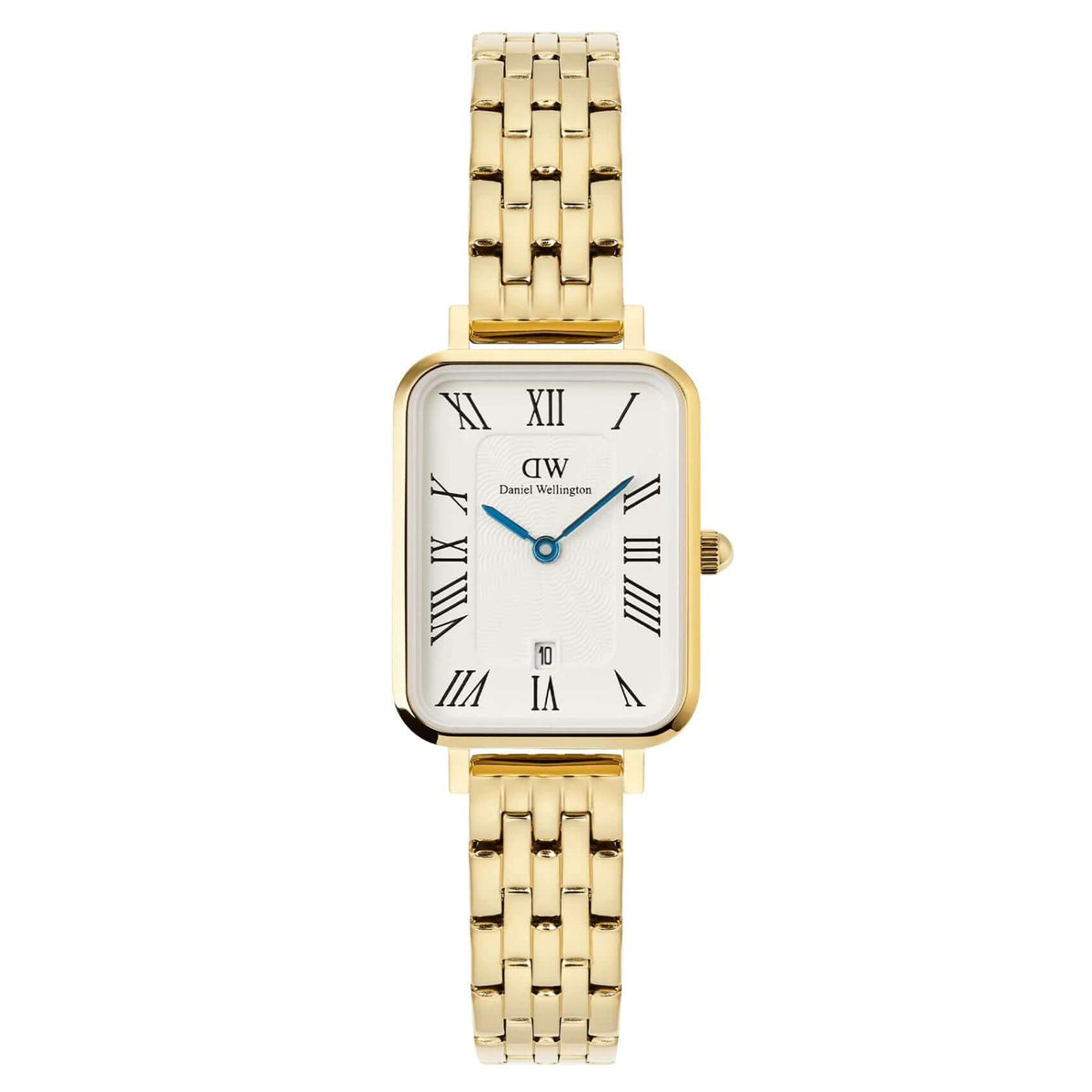 Γυναικείο ρολόι Daniel Wellington Quadro Roman Numerals DW00100861 με χρυσό μπρασελέ από ανοξείδωτο ατσάλι και λευκό καντράν με μπλε δείκτες μεγέθους 20x26mm.