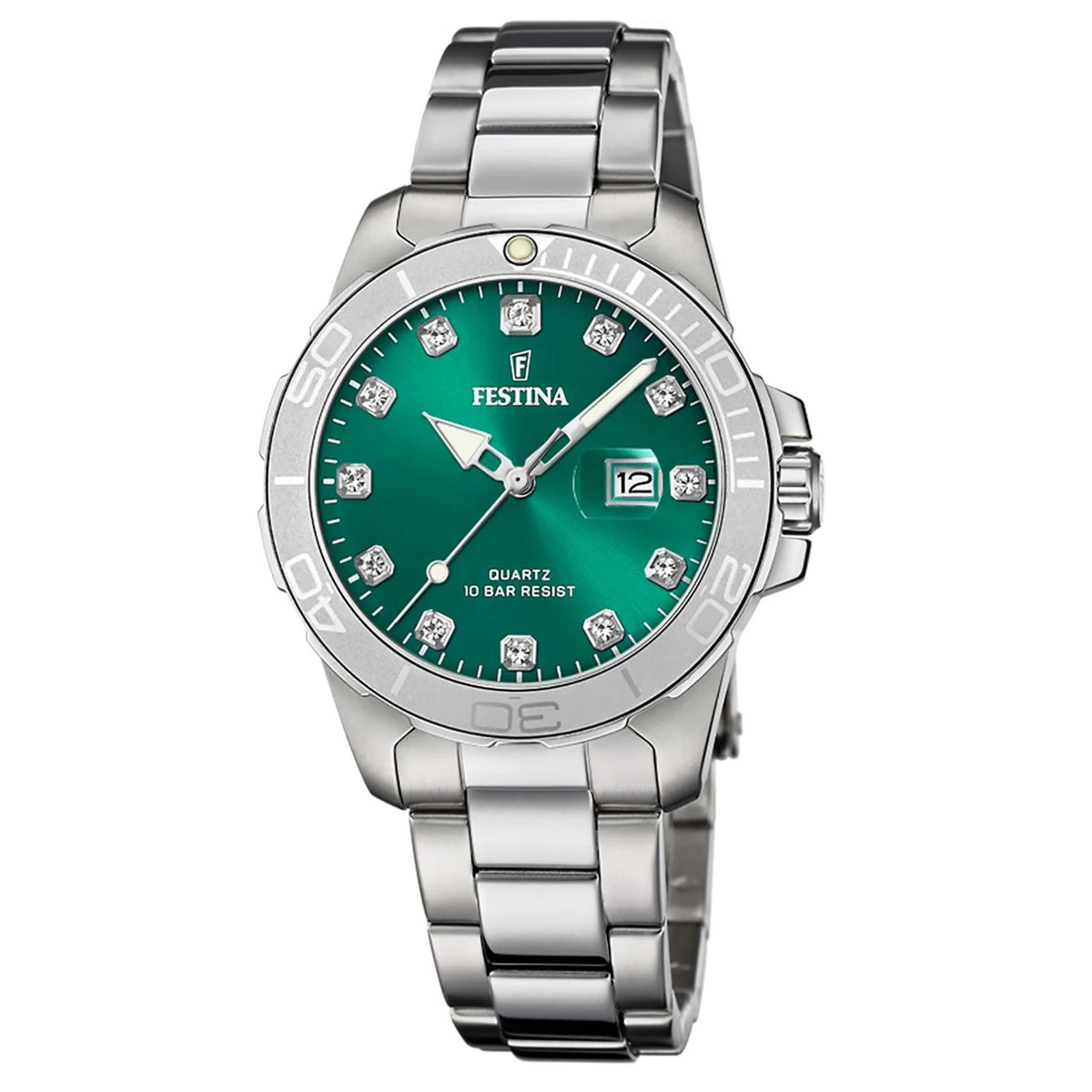 Γυναικείο ρολόι Festina Boyfriend F20503/7 με ασημί μπρασελέ και πράσινο καντράν