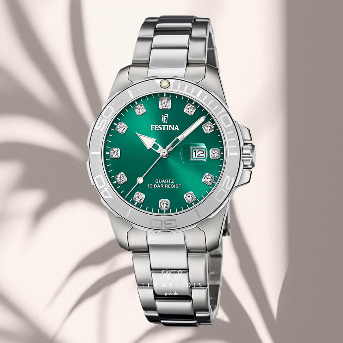 Γυναικείο Ρολόι Festina Boyfriend F20503/7 με Ασημί Μπρασελέ & Πράσινο Καντράν