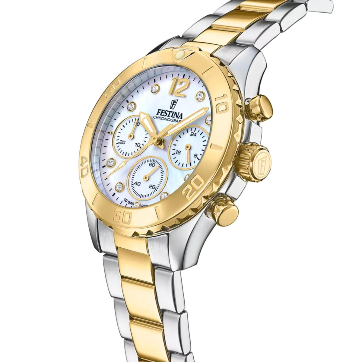 Λευκό φίλντισι καντράν ρολογιού Festina Boyfriend F20604/1 διαμέτρου 39mm με ζιργκόν και ένδειξη χρονογράφου