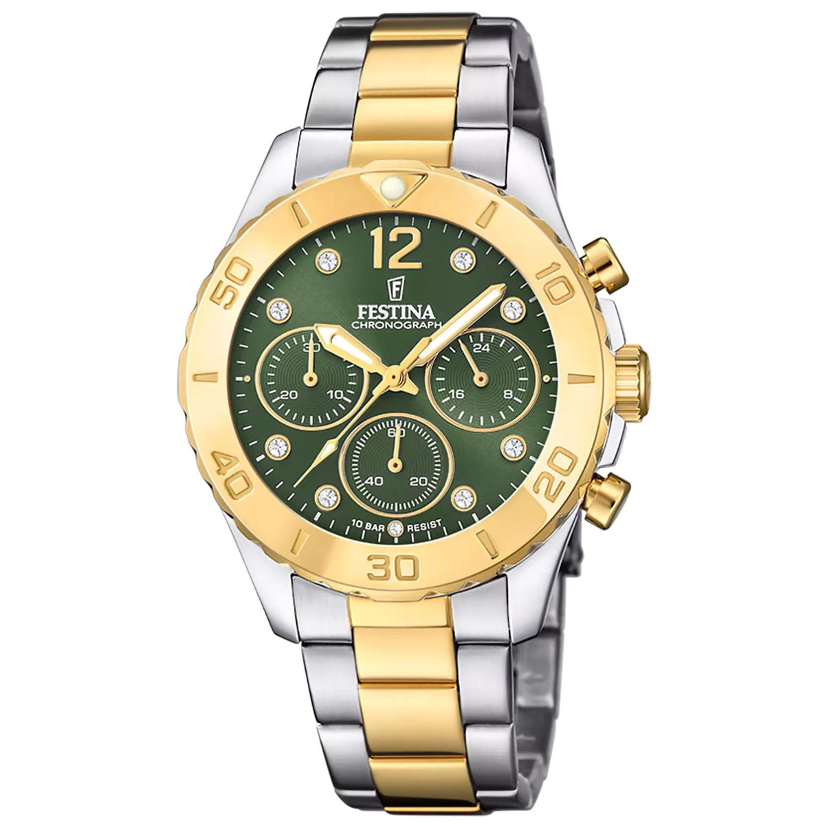 Γυναικείο ρολόι Festina Boyfriend F20604/2 με ασημί-χρυσό μπρασελέ και πράσινο καντράν
