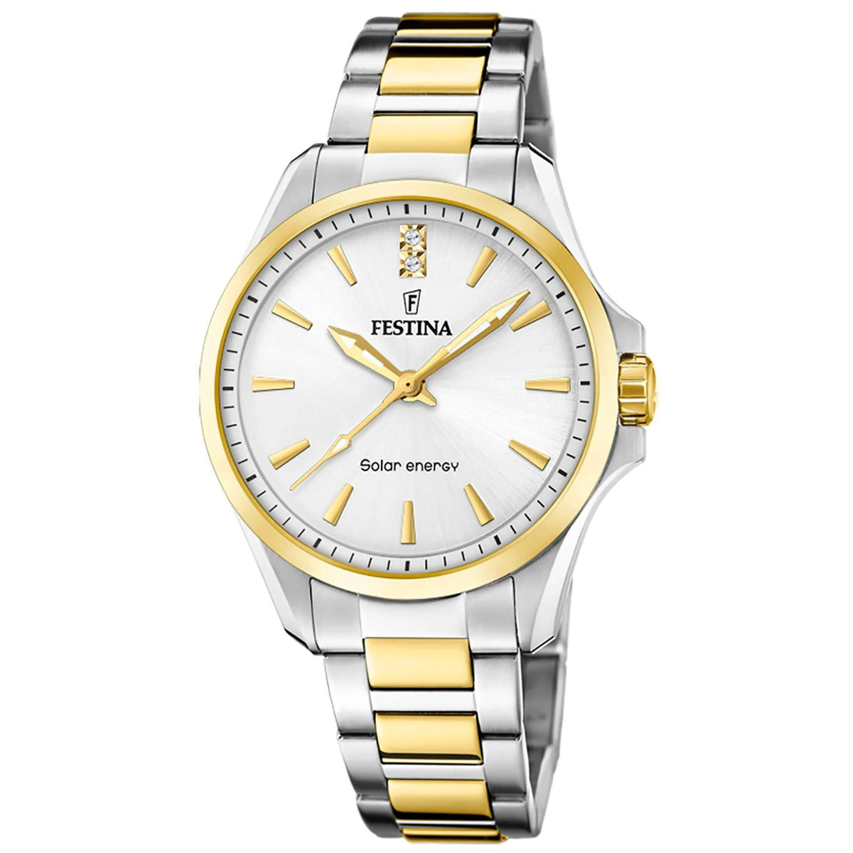 Γυναικείο ρολόι Festina Solar Energy F20655/2 με ασημί-χρυσό μπρασελέ και λευκό καντράν