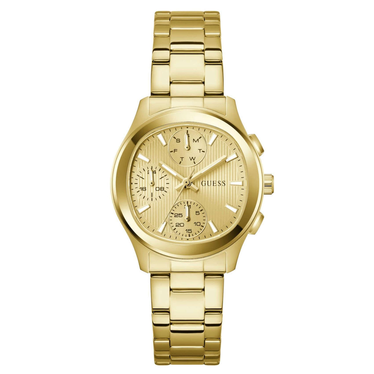 Γυναικείο ρολόι Guess Birdie GW1031L2 με χρυσό μπρασελέ από ανακυκλωμένο ανοξείδωτο ατσάλι, χρυσό καντράν διαμέτρου 36mm και χρυσές λεπτομέρειες.