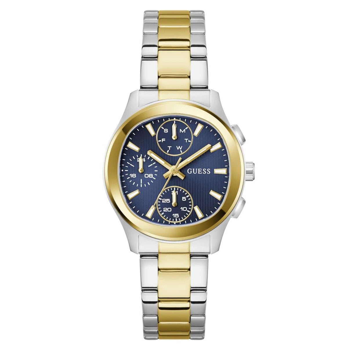 Γυναικείο ρολόι Guess Birdie GW1031L3 με δίχρωμο μπρασελέ από ανακυκλωμένο ανοξείδωτο ατσάλι σε ασημί και χρυσό χρώμα, μπλε καντράν διαμέτρου 36mm και χρυσές λεπτομέρειες.