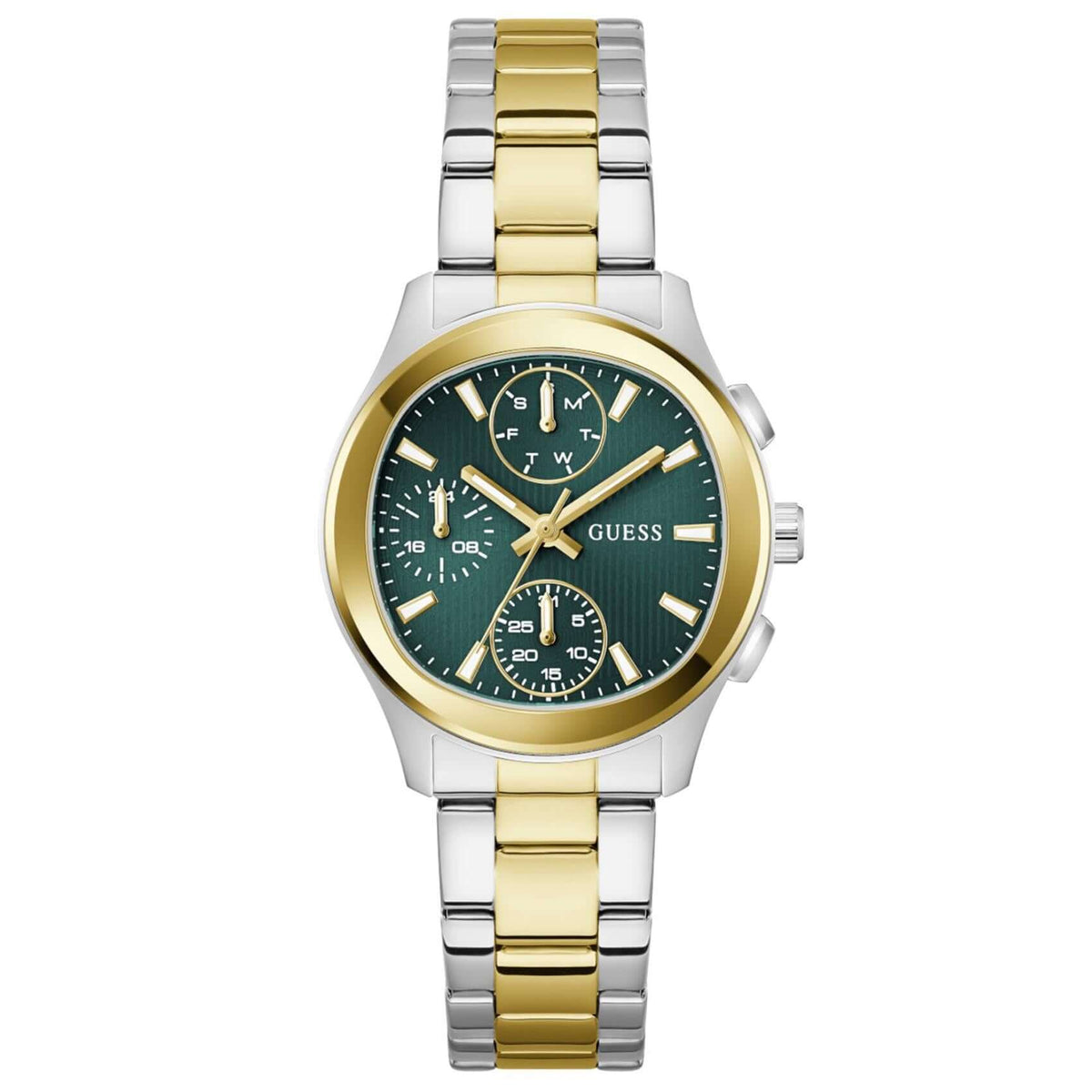 Γυναικείο ρολόι Guess Birdie GW1031L6 με δίχρωμο μπρασελέ από ανακυκλωμένο ανοξείδωτο ατσάλι σε ασημί και χρυσό χρώμα, πράσινο καντράν διαμέτρου 36mm και χρυσές λεπτομέρειες.