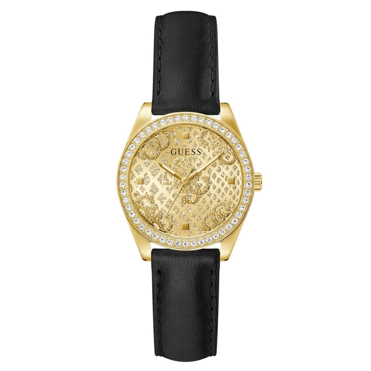 Γυναικείο ρολόι Guess Boa GW0989L2 με μαύρο δερμάτινο λουράκι, χρυσό καντράν διαμέτρου 32mm και λαμπερά ζιργκόν.