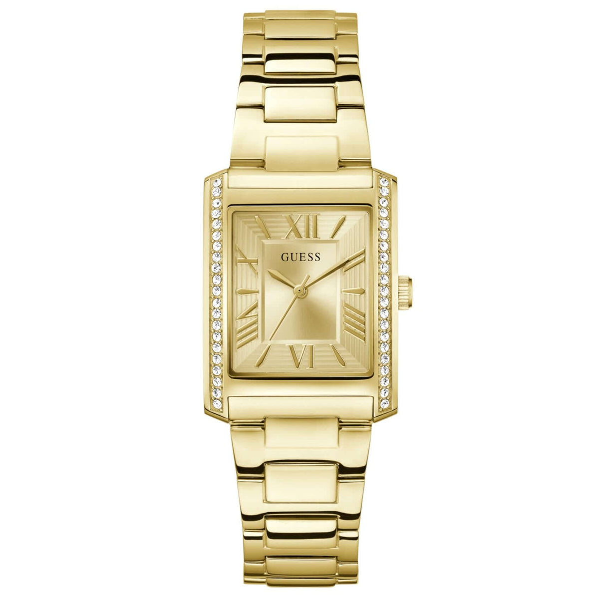 Γυναικείο ρολόι Guess Bonnie GW0874L4 με χρυσό μπρασελέ από ανακυκλωμένο ανοξείδωτο ατσάλι, χρυσό τετράγωνο καντράν 27mm και στεφάνη διακοσμημένη με ζιργκόν.