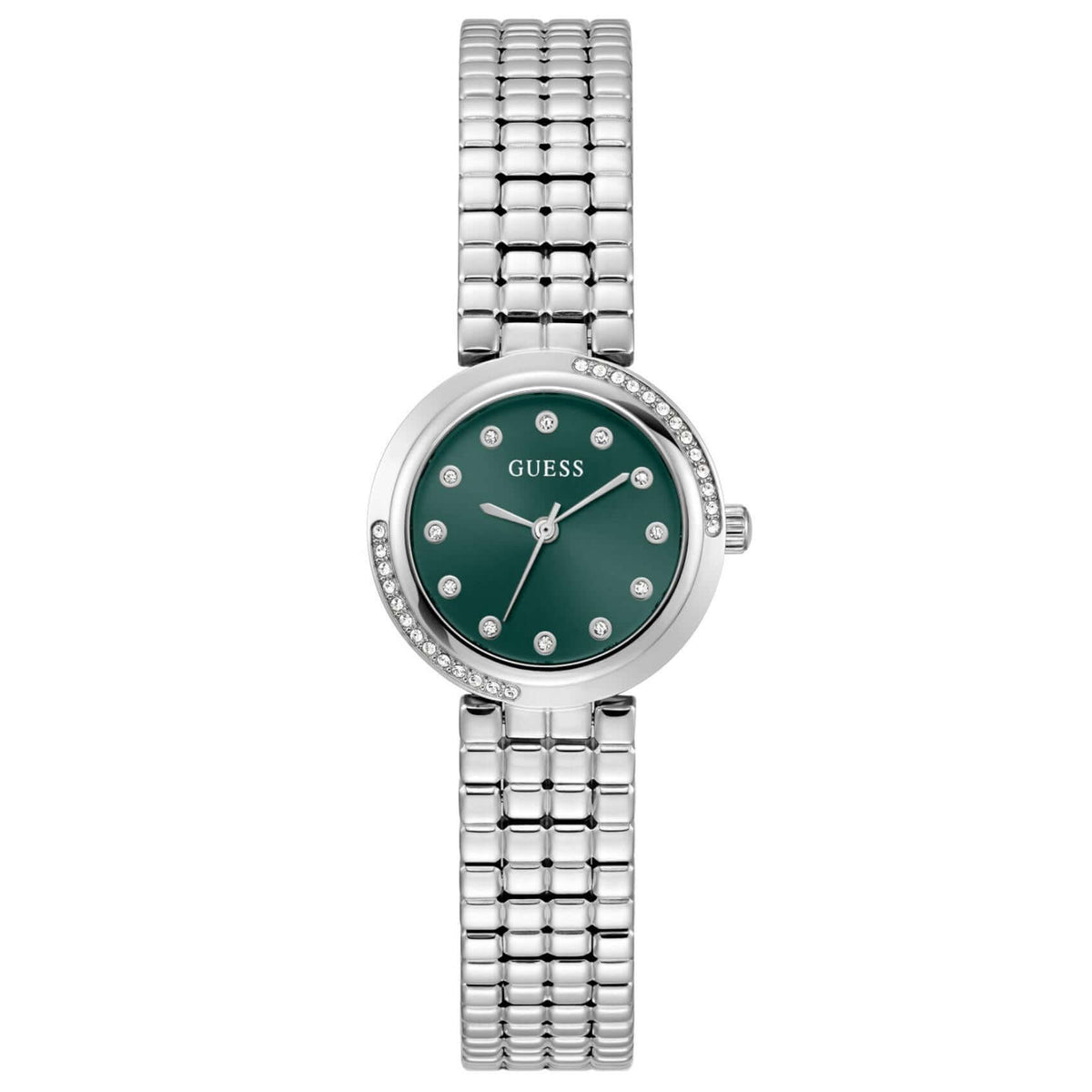 Γυναικείο ρολόι Guess Clara GW0930L1 με ασημί μπρασελέ από ανακυκλωμένο ανοξείδωτο ατσάλι, πράσινο καντράν διαμέτρου 28mm και στεφάνη διακοσμημένη με ζιργκόν.
