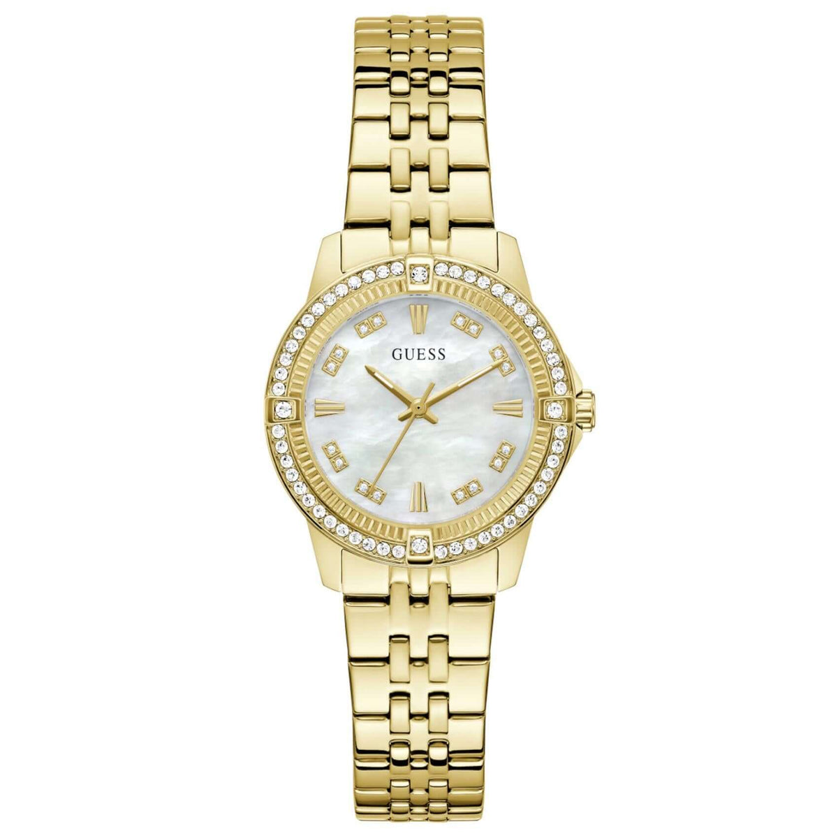 Γυναικείο ρολόι Guess Colette GW1027L2 με χρυσό μπρασελέ από ανακυκλωμένο ανοξείδωτο ατσάλι, λευκό φίλντισι καντράν διαμέτρου 32mm και στεφάνη διακοσμημένη με ζιργκόν.