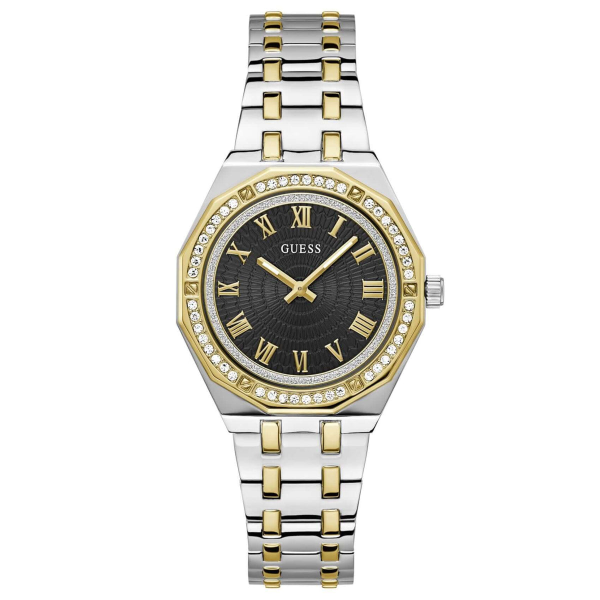 Γυναικείο ρολόι Guess Desire GW0770L4 με δίχρωμο μπρασελέ από ανακυκλωμένο ανοξείδωτο ατσάλι σε ασημί και χρυσό χρώμα, μαύρο καντράν διαμέτρου 38mm, χρυσές λεπτομέρειες και στεφάνη διακοσμημένη με ζιργκόν.