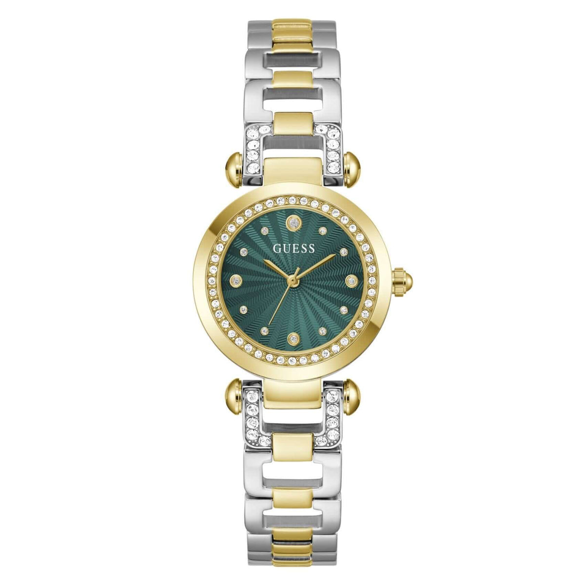 Γυναικείο ρολόι Guess Ginger GW0869L1 με δίχρωμο μπρασελέ από ανακυκλωμένο ανοξείδωτο ατσάλι σε ασημί και χρυσό χρώμα, πράσινο καντράν 30mm και στεφάνη με ζιργκόν.