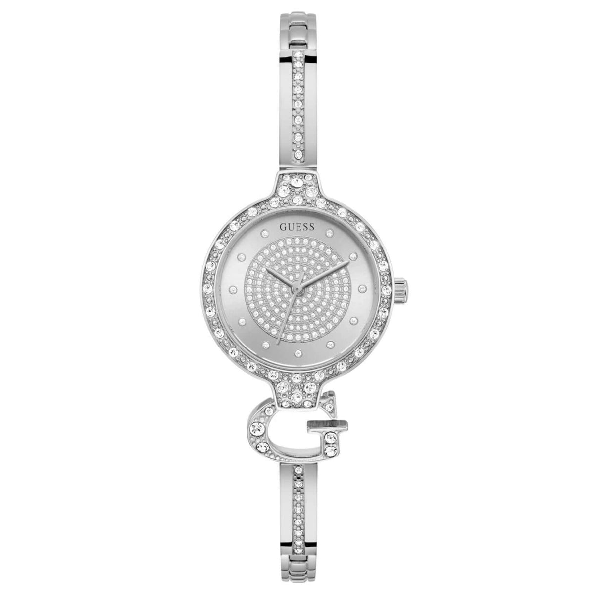 Γυναικείο ρολόι Guess Giselle GW0929L1 με ασημί μπρασελέ από ανακυκλωμένο ανοξείδωτο ατσάλι σε ιδιαίτερο σχέδιο βραχιολιού, ασημί καντράν διαμέτρου 28mm και στεφάνη διακοσμημένη με ζιργκόν.