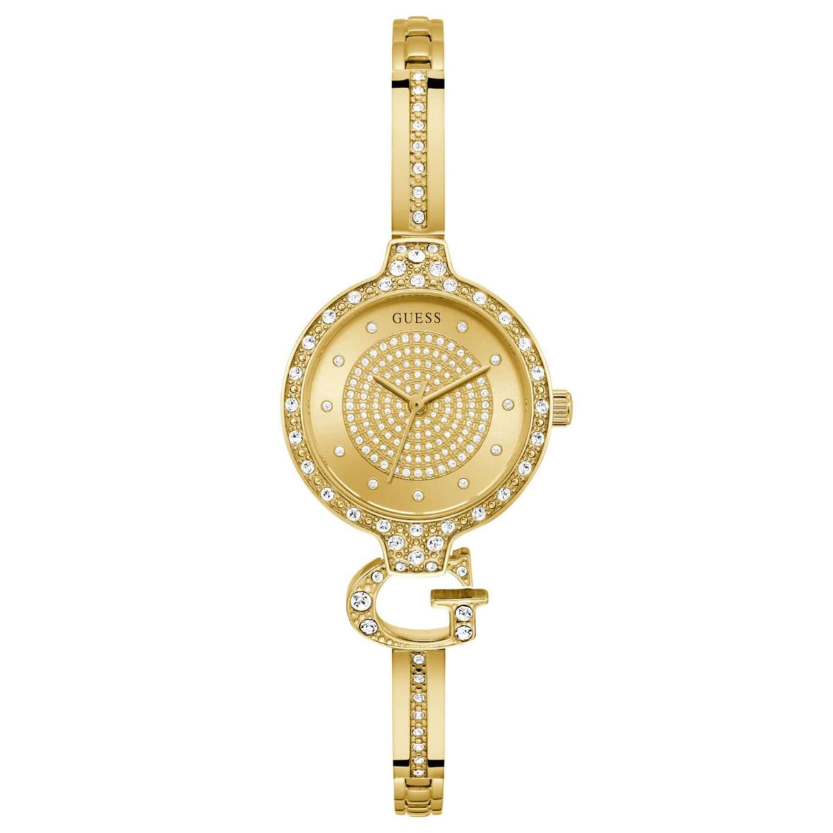 Γυναικείο ρολόι Guess Giselle GW0929L2 με χρυσό μπρασελέ από ανακυκλωμένο ανοξείδωτο ατσάλι σε ιδιαίτερο σχέδιο βραχιολιού, χρυσό καντράν διαμέτρου 28mm και στεφάνη διακοσμημένη με ζιργκόν.