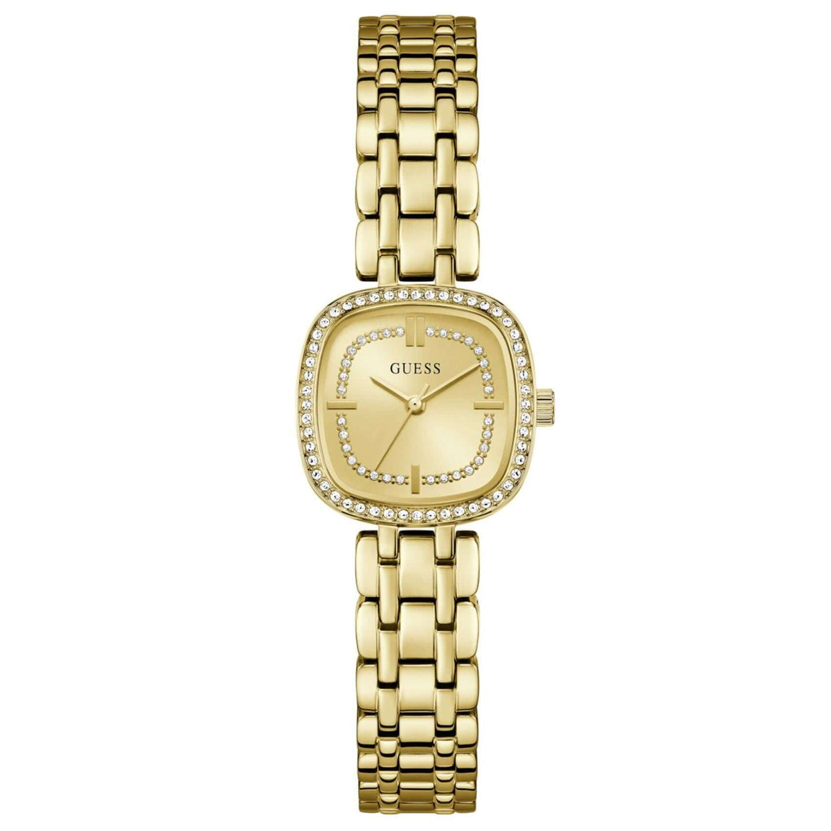 Γυναικείο ρολόι Guess Hazel GW1018L2 με χρυσό μπρασελέ από ανακυκλωμένο ανοξείδωτο ατσάλι χρυσό καντράν 25mm και ζιργκόν