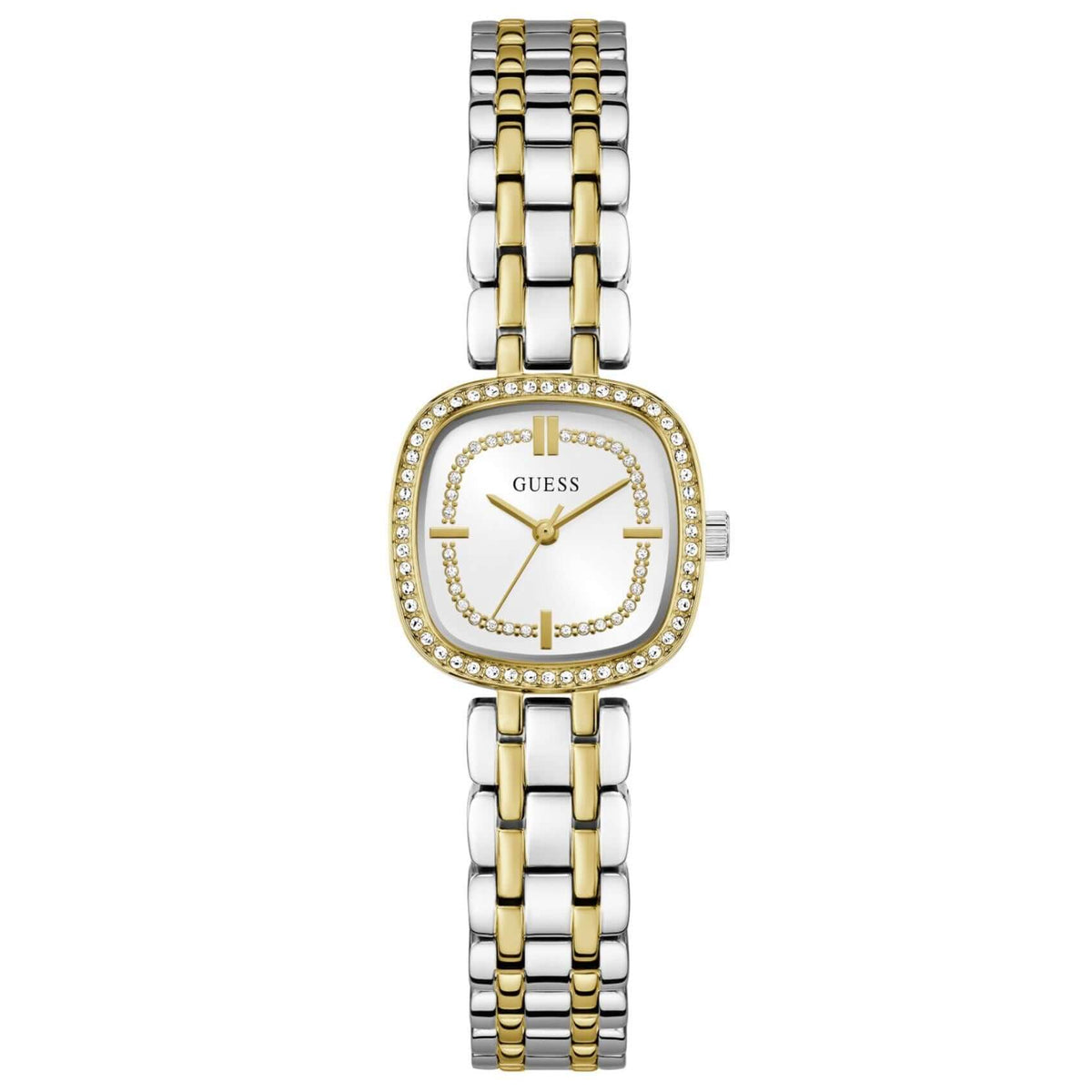 Γυναικείο ρολόι Guess Hazel GW1018L3 με δίχρωμο μπρασελέ από ανακυκλωμένο ανοξείδωτο ατσάλι σε ασημί-χρυσό χρώμα, ασημί τετράγωνο καντράν 25mm και ζιργκόν.