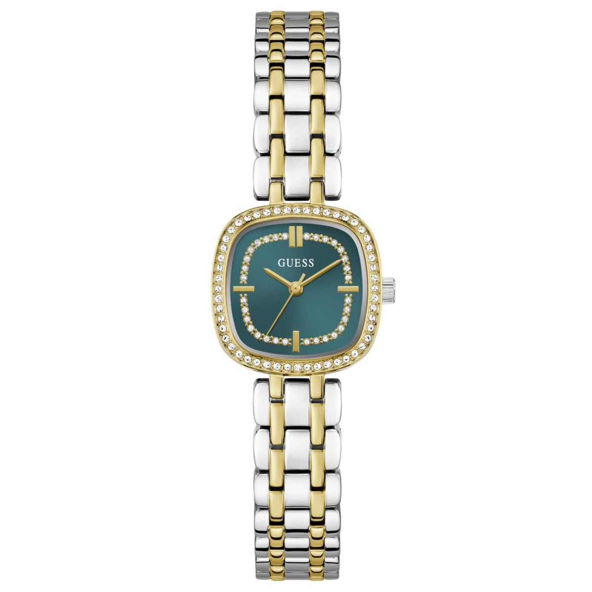 Γυναικείο ρολόι Guess Hazel GW1018L6 με δίχρωμο μπρασελέ από ανακυκλωμένο ανοξείδωτο ατσάλι σε ασημί-χρυσό χρώμα, πράσινο τετράγωνο καντράν 25mm και ζιργκόν.