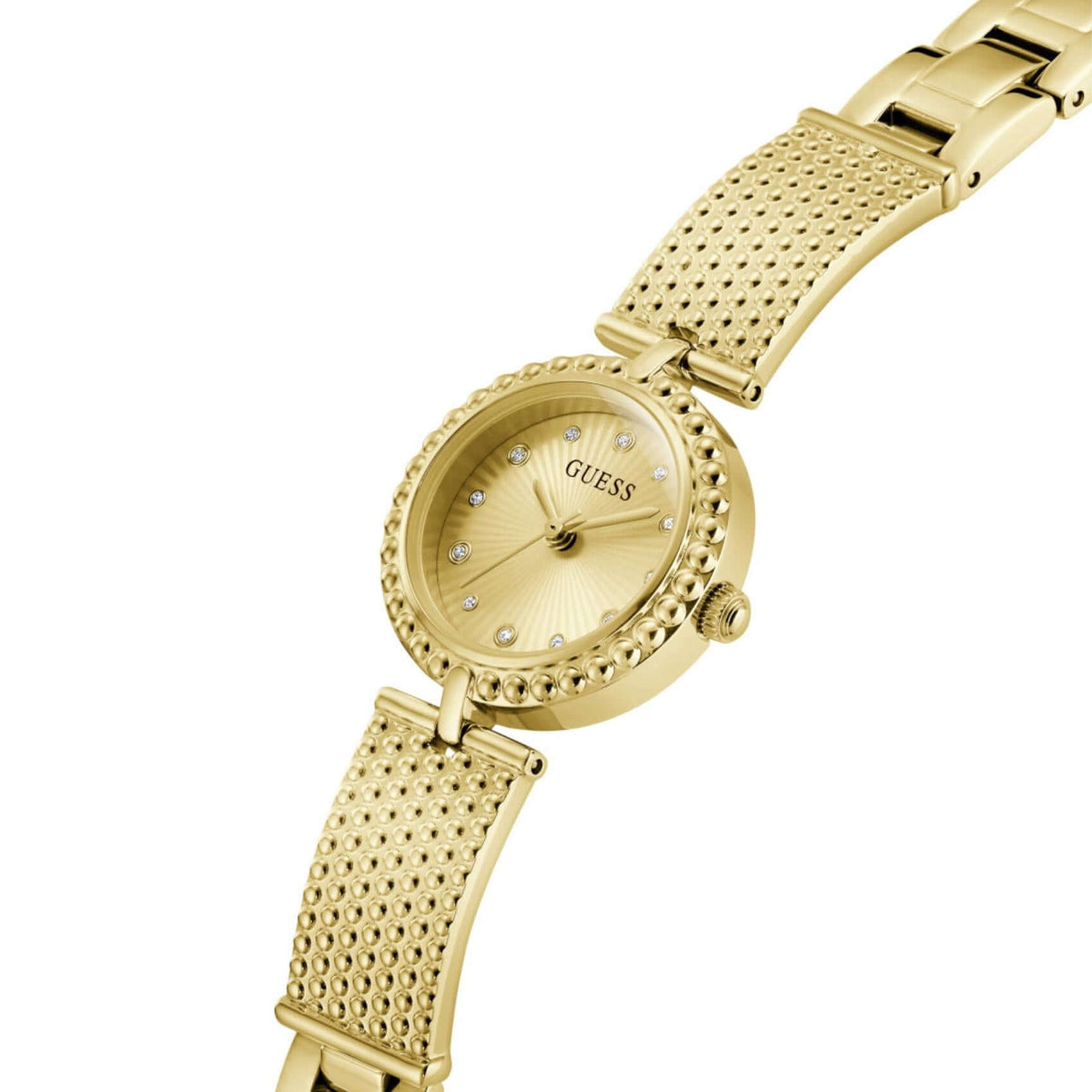 Χρυσό καντράν 24mm του γυναικείου ρολογιού Guess Holly GW1017L2 με ζιργκόν και ορυκτό κρύσταλλο ειδικής σκλήρυνσης.