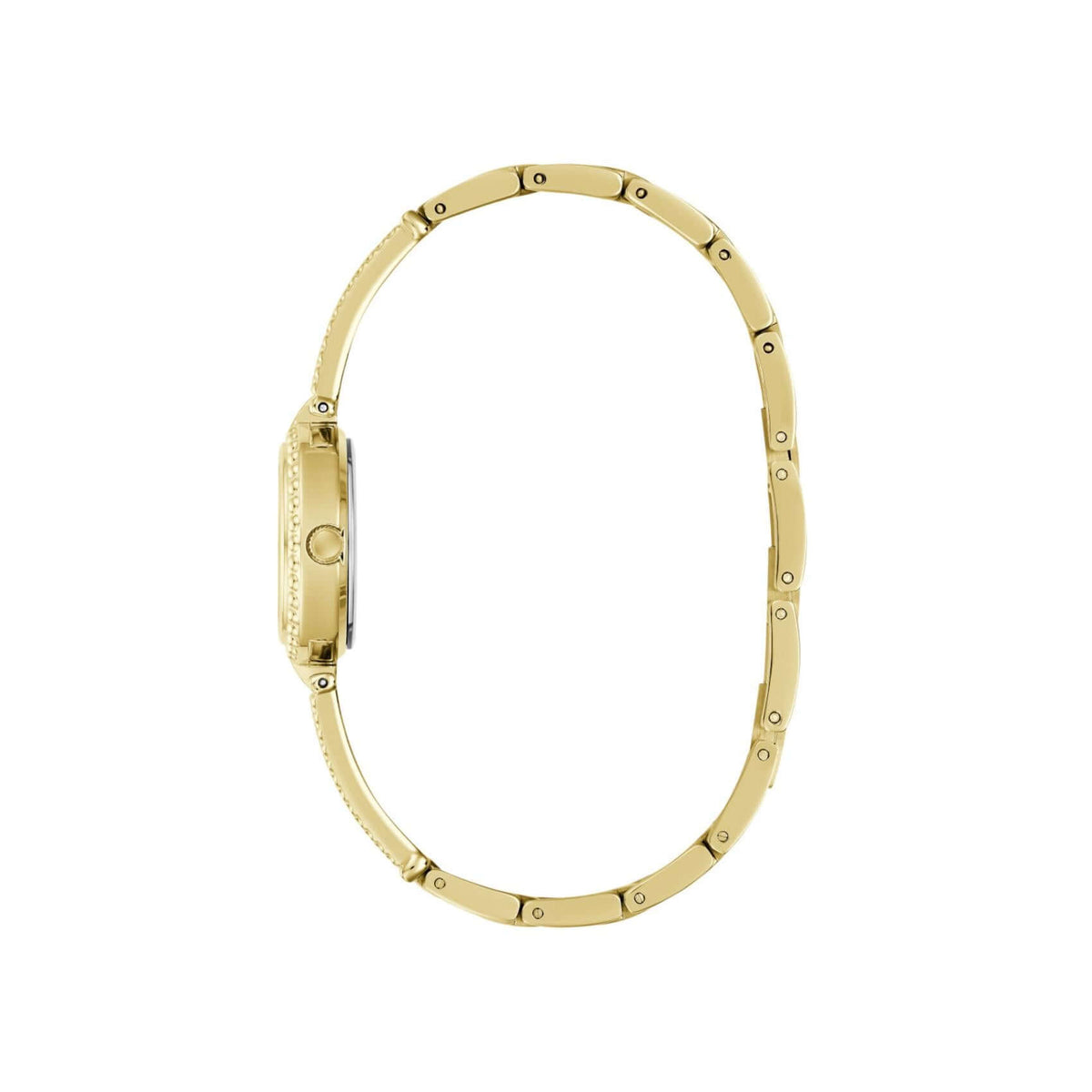 Χρυσό μπρασελέ του γυναικείου ρολογιού Guess Holly GW1017L2 από ανακυκλωμένο ανοξείδωτο ατσάλι με ανάγλυφη υφή και κούμπωμα ασφαλείας.
