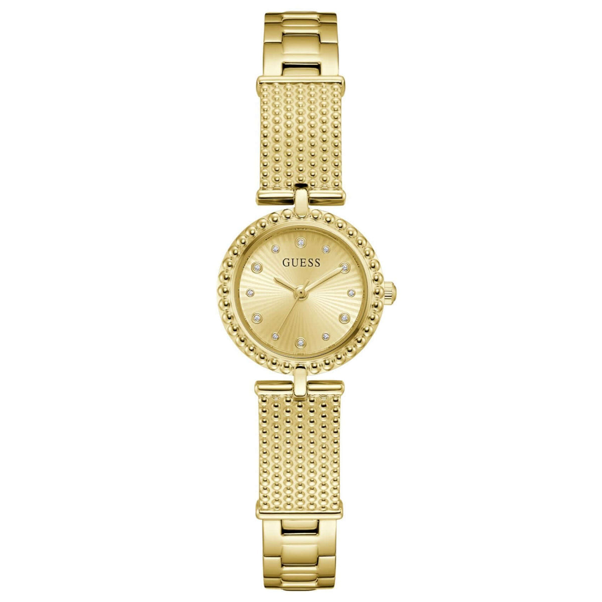 Γυναικείο ρολόι Guess Holly GW1017L2 με χρυσό μπρασελέ από ανακυκλωμένο ανοξείδωτο ατσάλι, χρυσό καντράν 24mm και ζιργκόν.