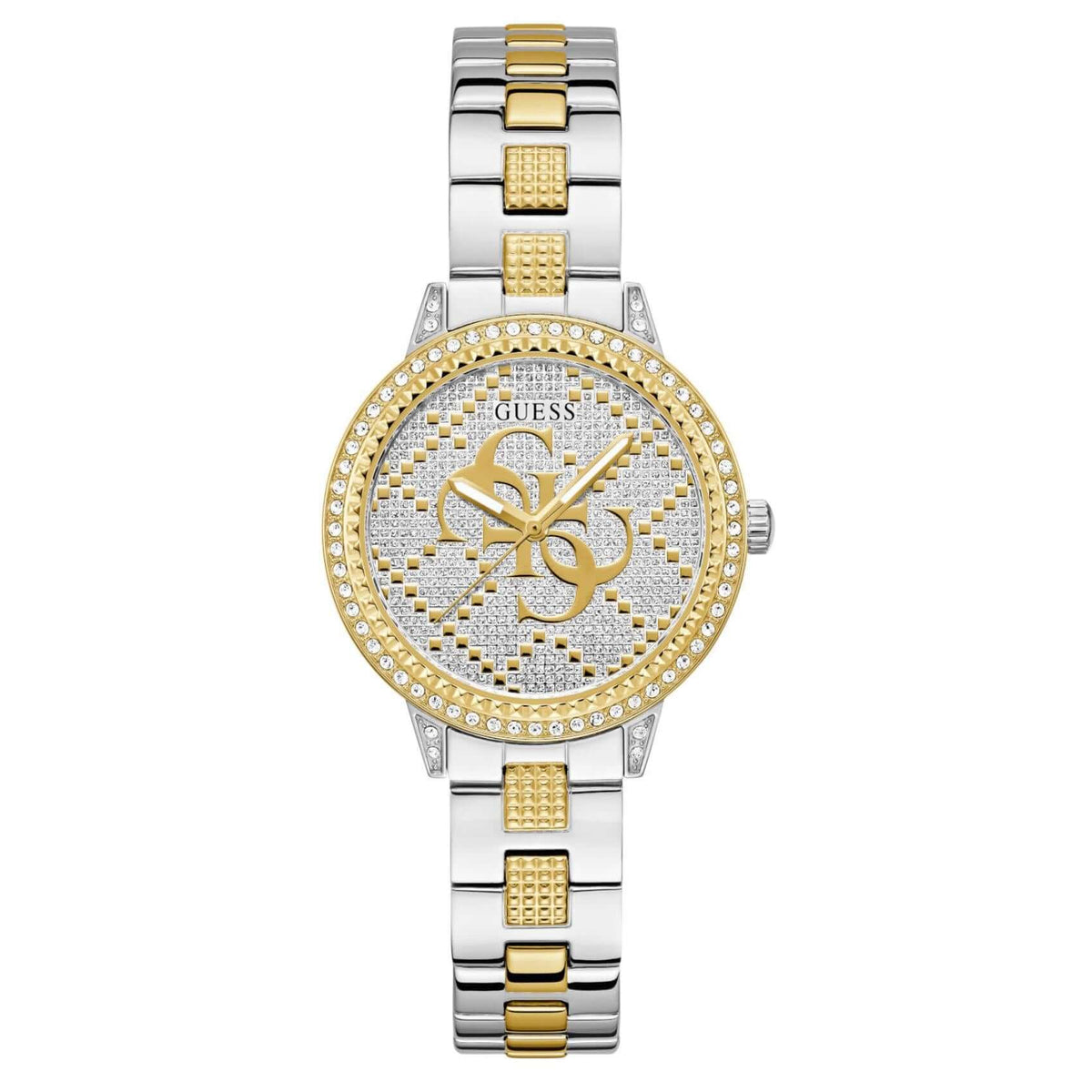 Γυναικείο ρολόι Guess G Lace GW0944L3 με δίχρωμο μπρασελέ από ανακυκλωμένο ανοξείδωτο ατσάλι σε ασημί και χρυσό χρώμα, ασημί καντράν διαμέτρου 34mm με χρυσές λεπτομέρειες και στεφάνη διακοσμημένη με ζιργκόν.
