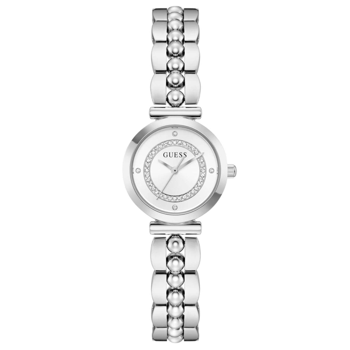 Γυναικείο ρολόι Guess Leena GW0994L1 με ασημί μπρασελέ από ανακυκλωμένο ανοξείδωτο ατσάλι και λευκό καντράν 26mm.