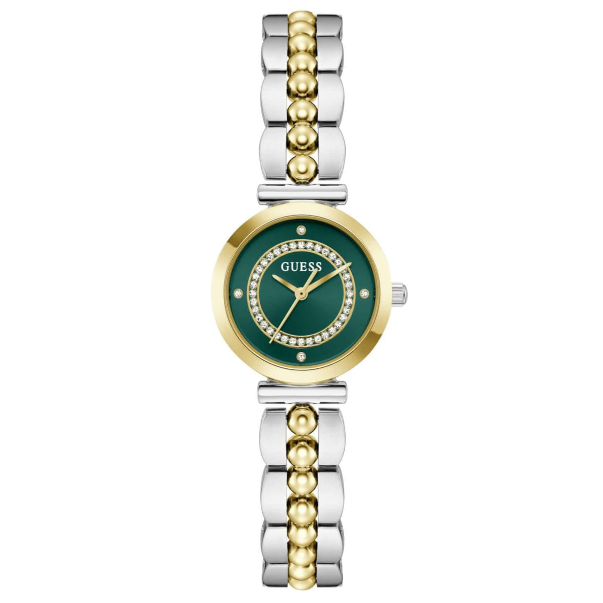 Γυναικείο ρολόι Guess Leena GW0994L3 με δίχρωμο μπρασελέ από ανακυκλωμένο ανοξείδωτο ατσάλι σε ασημί και χρυσό χρώμα, πράσινο καντράν 26mm και ζιργκόν.