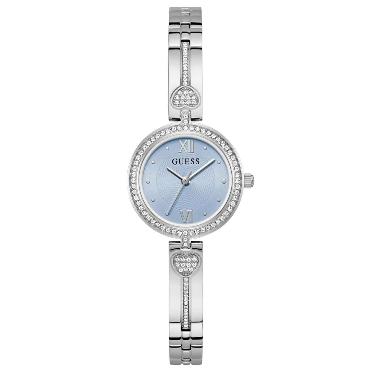 Γυναικείο ρολόι Guess Lovey GW0655L4 με ασημί μπρασελέ από ανακυκλωμένο ανοξείδωτο ατσάλι, γαλάζιο καντράν 27mm και ζιργκόν.
