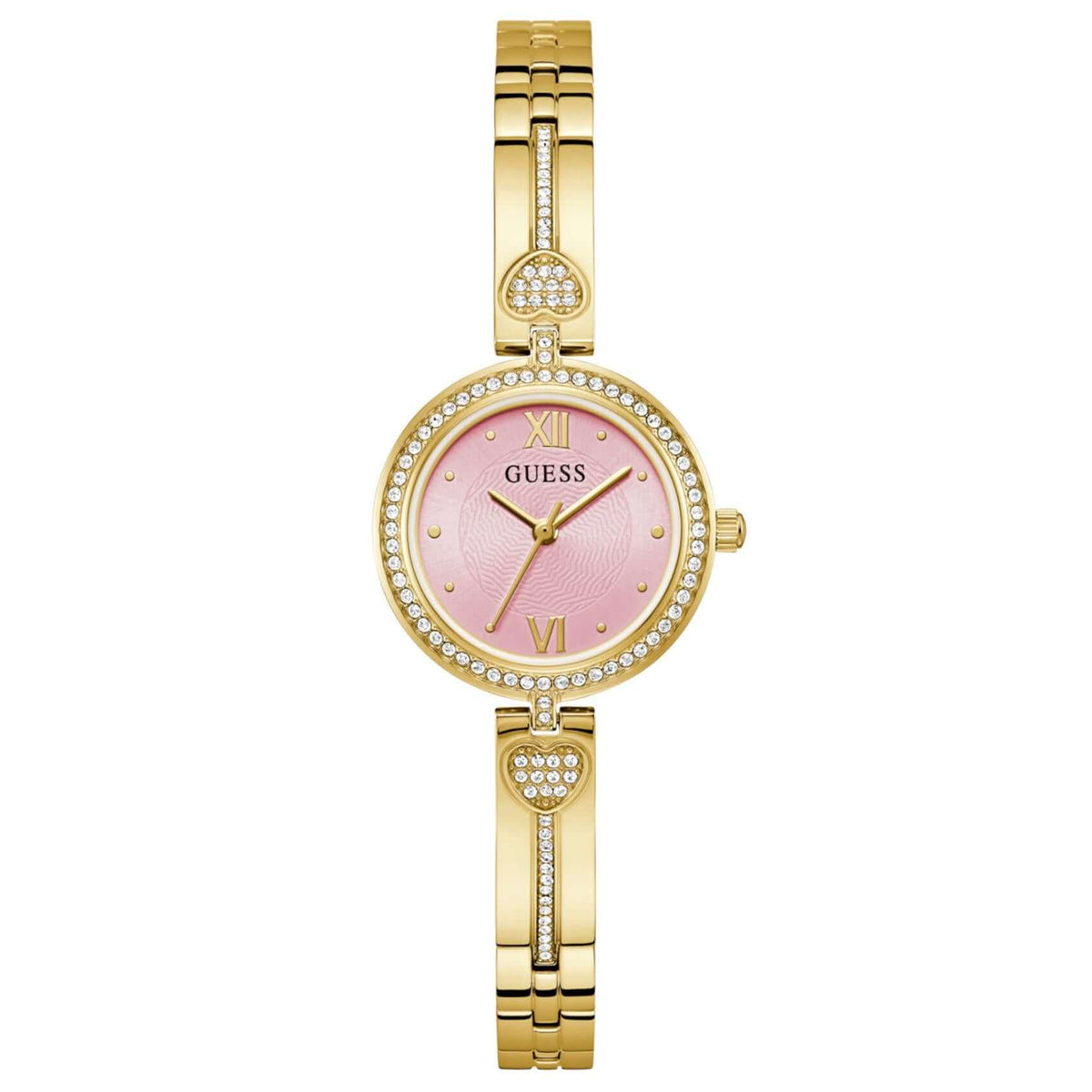 Γυναικείο ρολόι Guess Lovey GW0655L5 με χρυσό μπρασελέ από ανακυκλωμένο ανοξείδωτο ατσάλι, ροζ καντράν 27mm και ζιργκόν.