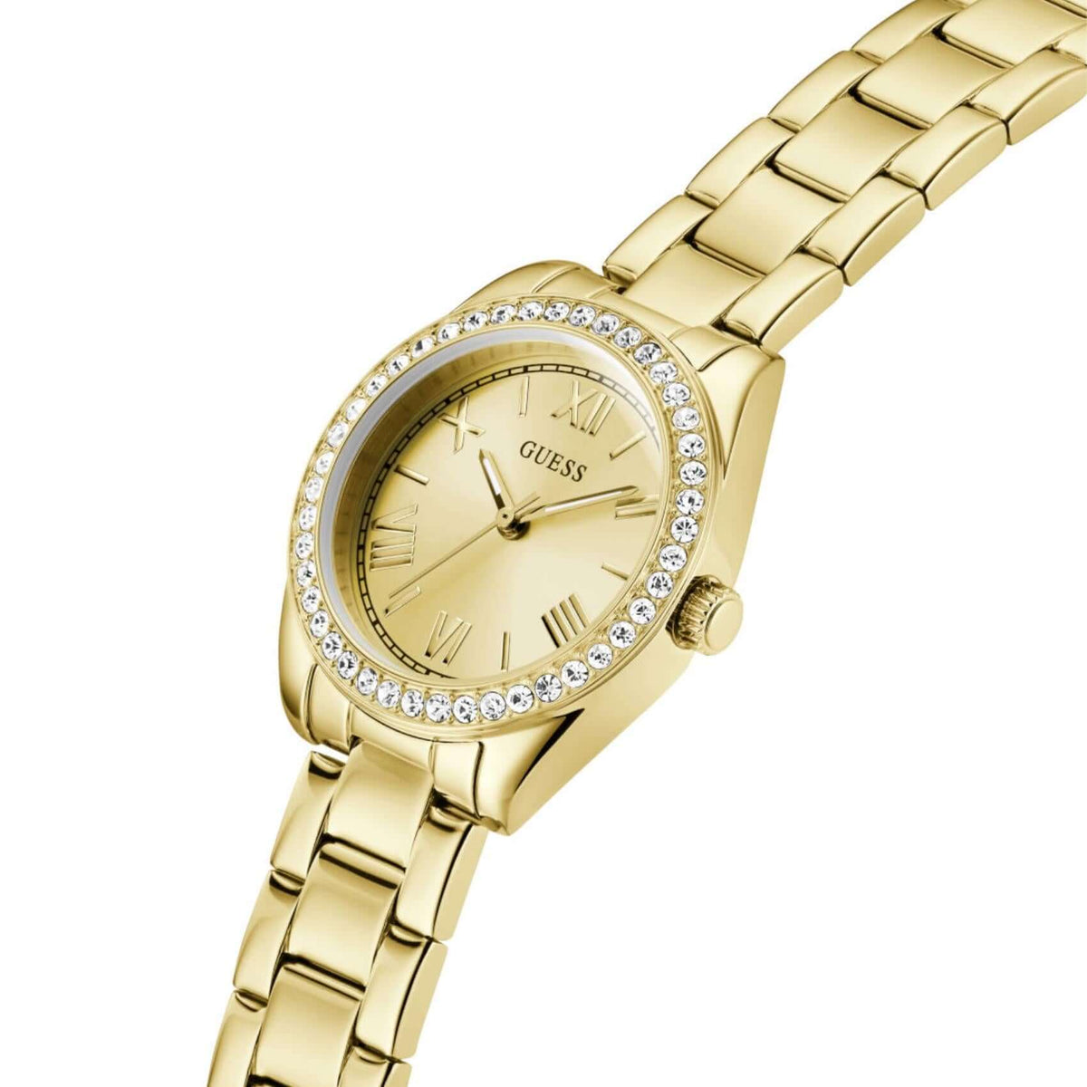 Χρυσό καντράν 30mm του γυναικείου ρολογιού Guess Mini Luna GW0841L7 με στεφάνη διακοσμημένη με ζιργκόν και ορυκτό κρύσταλλο ειδικής σκλήρυνσης.