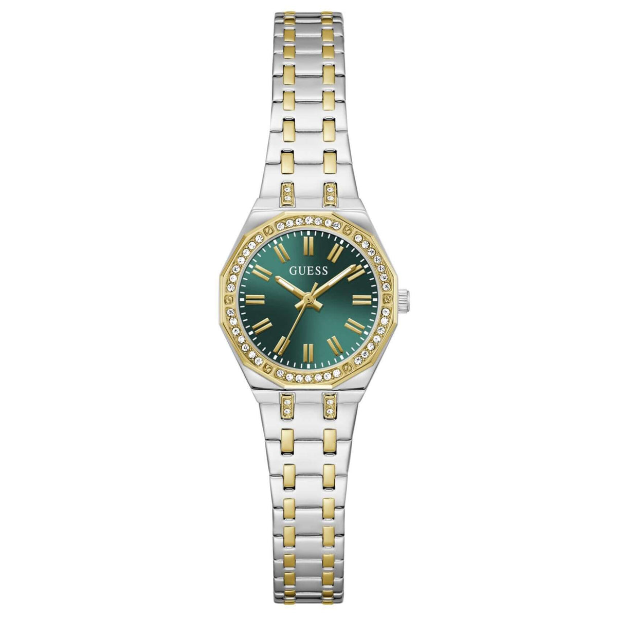 Γυναικείο ρολόι Guess Pixie GW0931L8 με δίχρωμο μπρασελέ από ανακυκλωμένο ανοξείδωτο ατσάλι σε ασημί και χρυσό χρώμα, πράσινο καντράν 25mm και στεφάνη με ζιργκόν.