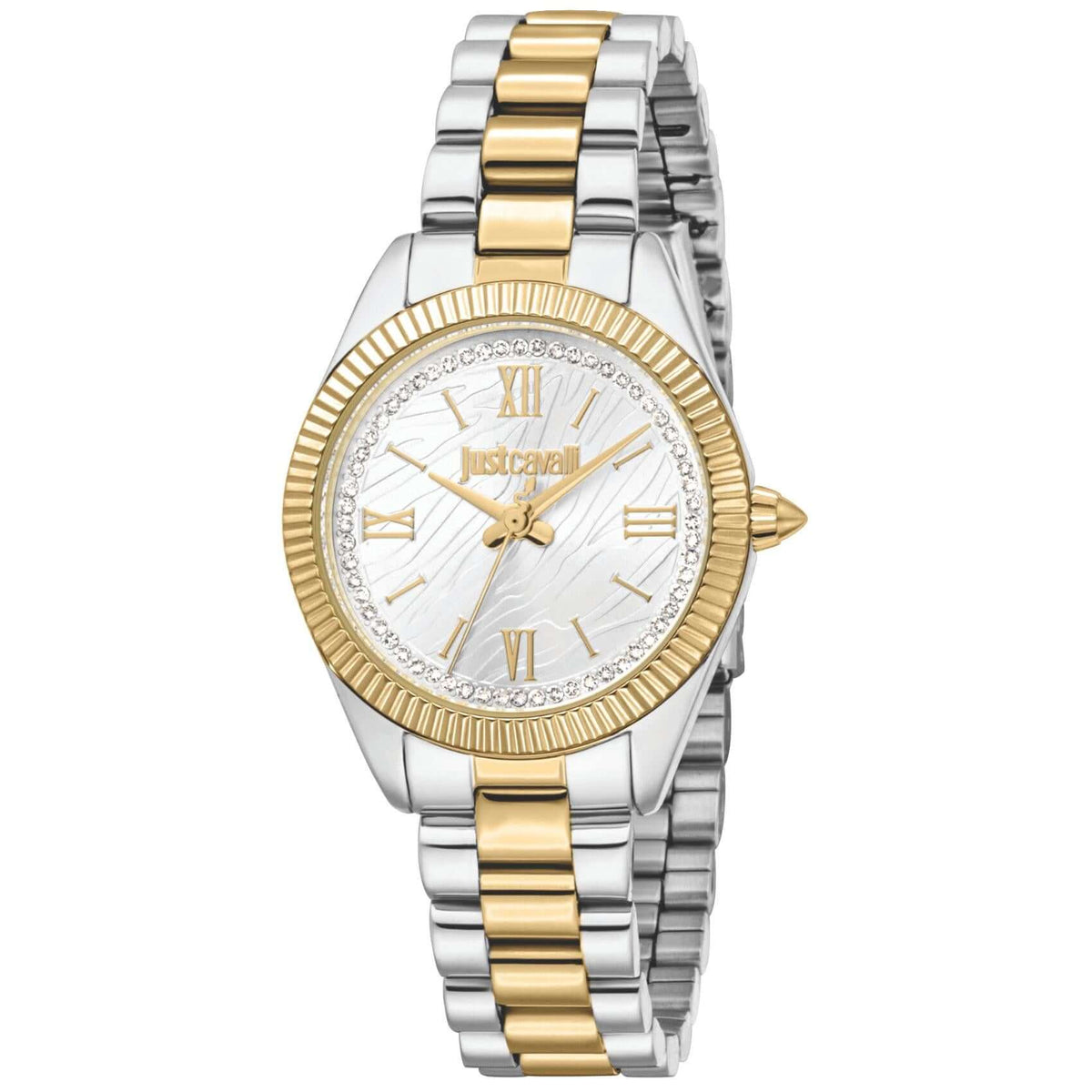 υναικείο ρολόι Just Cavalli Amabile JC1L388M0095 με δίχρωμο ασημί-χρυσό μπρασελέ από ανοξείδωτο ατσάλι, ασημί καντράν διαμέτρου 30mm και λαμπερά ζιργκόν.
