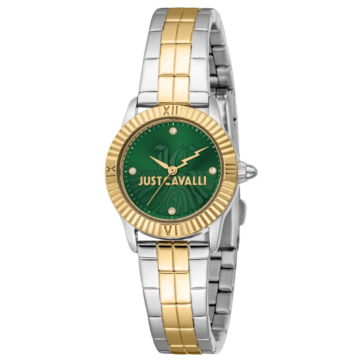 Γυναικείο ρολόι Just Cavalli Mini Raffinata JC1L328M0085 με δίχρωμο ασημί-χρυσό μπρασελέ από ανοξείδωτο ατσάλι, πράσινο καντράν διαμέτρου 26mm και λαμπερά ζιργκόν.