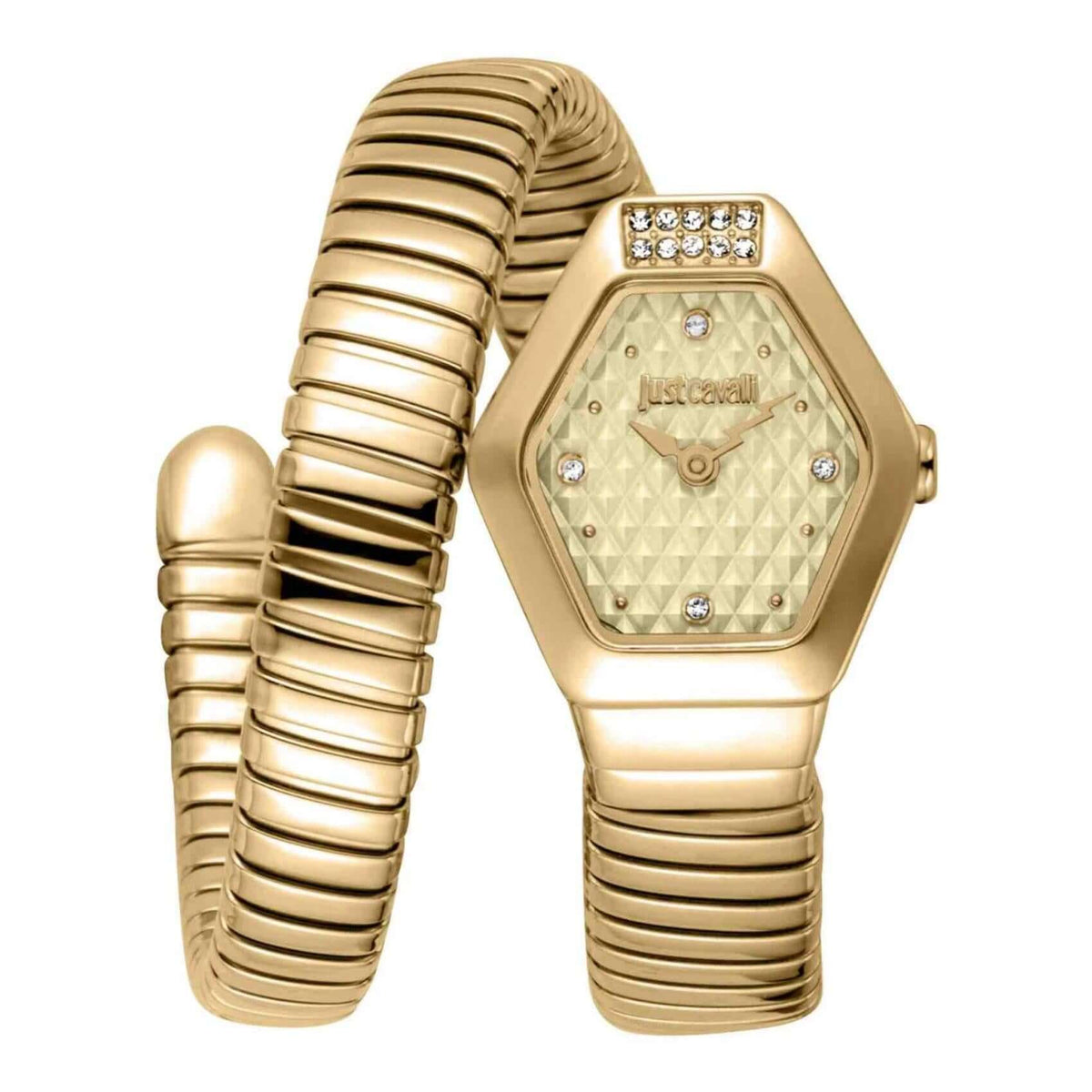 Γυναικείο ρολόι Just Cavalli Signature Snake Splora JC1L394M0025 με χρυσό μπρασελέ από ανοξείδωτο ατσάλι, χρυσό εξάγωνο καντράν μεγέθους 22.5x28.5mm και λαμπερά ζιργκόν.