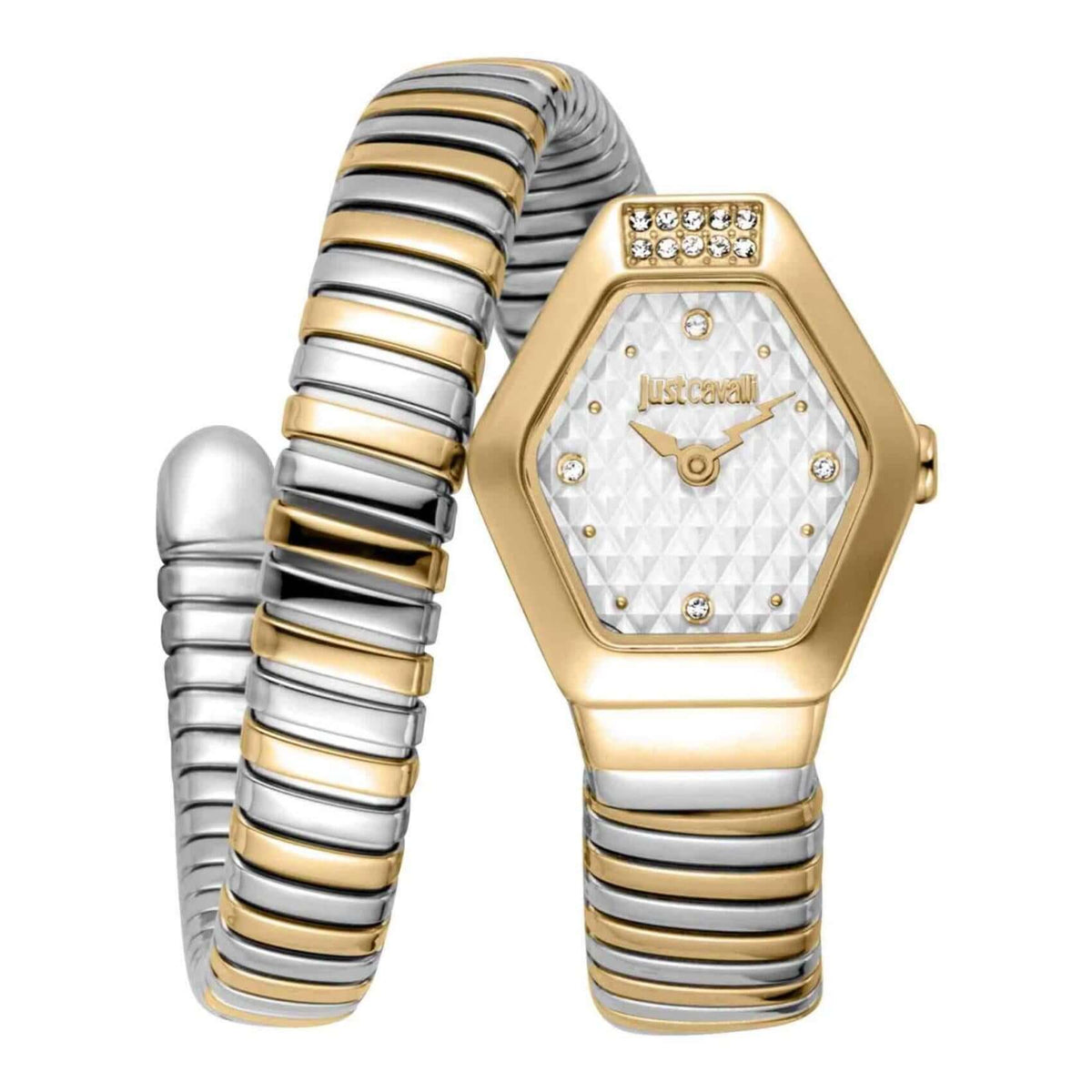 Γυναικείο ρολόι Just Cavalli Signature Snake Splora JC1L394M0055 με δίχρωμο ασημί-χρυσό μπρασελέ από ανοξείδωτο ατσάλι, ασημί εξάγωνο καντράν μεγέθους 22.5x28.5mm και λαμπερά ζιργκόν.